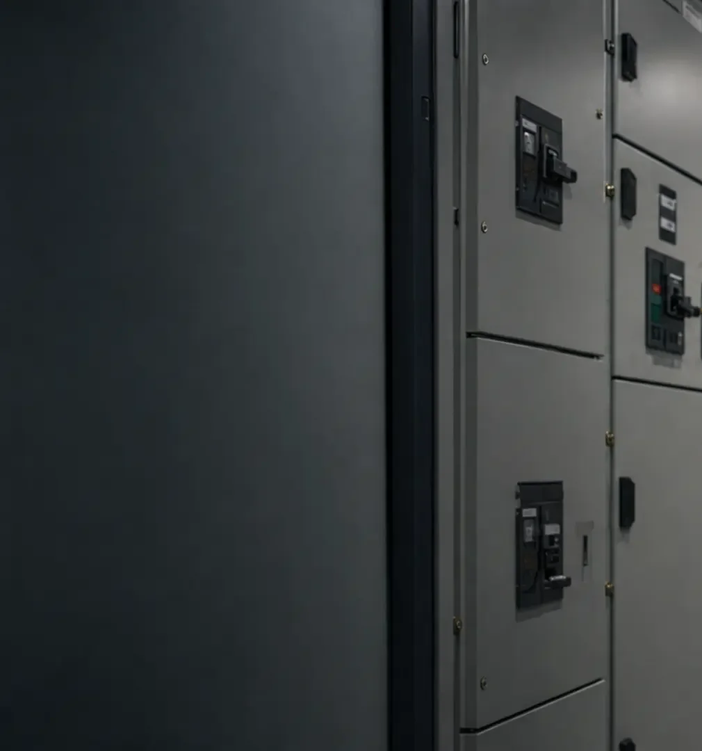 Imagem editorial de uma sala elétrica industrial com painéis de baixa tensão